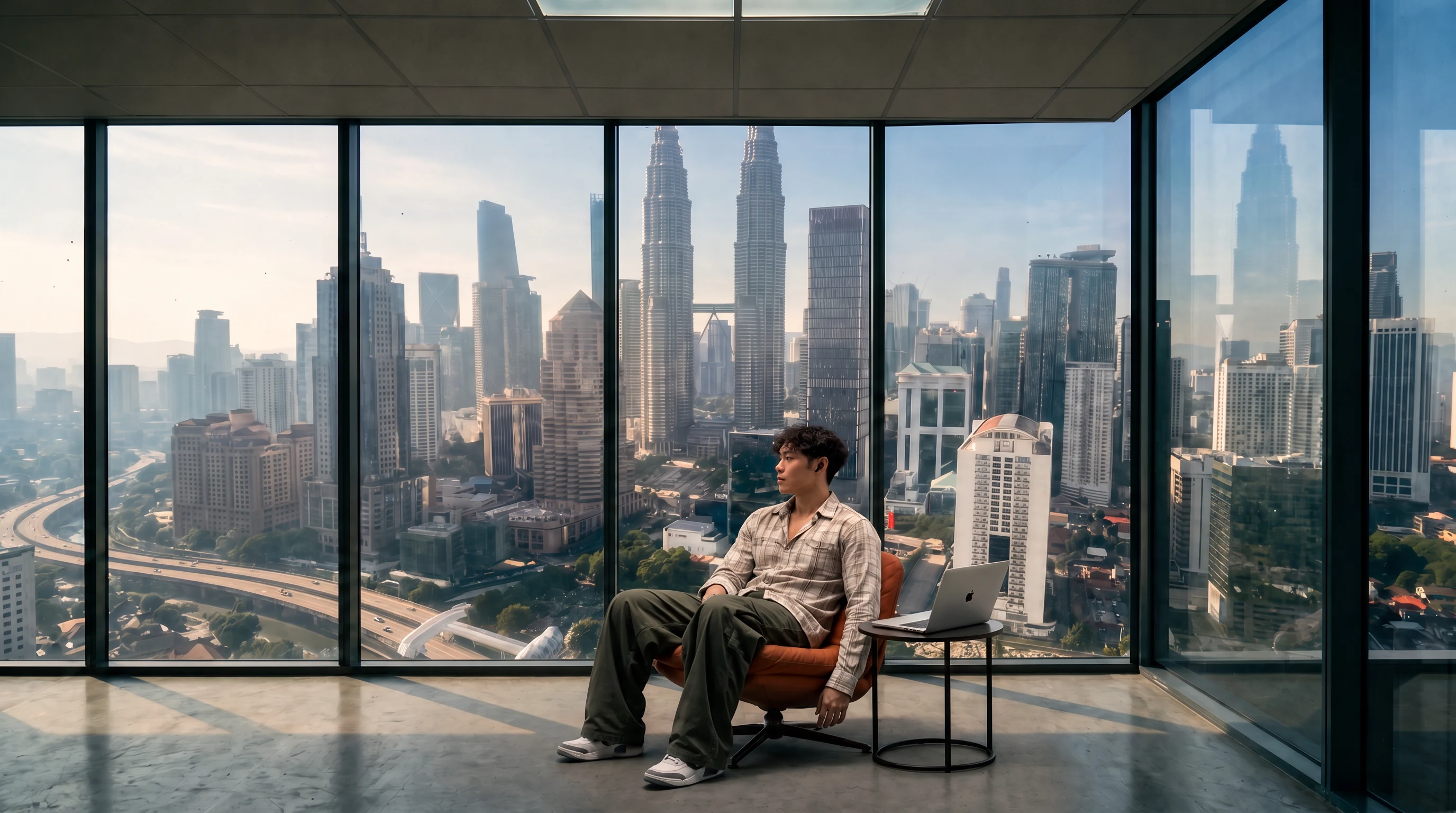 Travis in a sunlit lounge overlooking KLCC