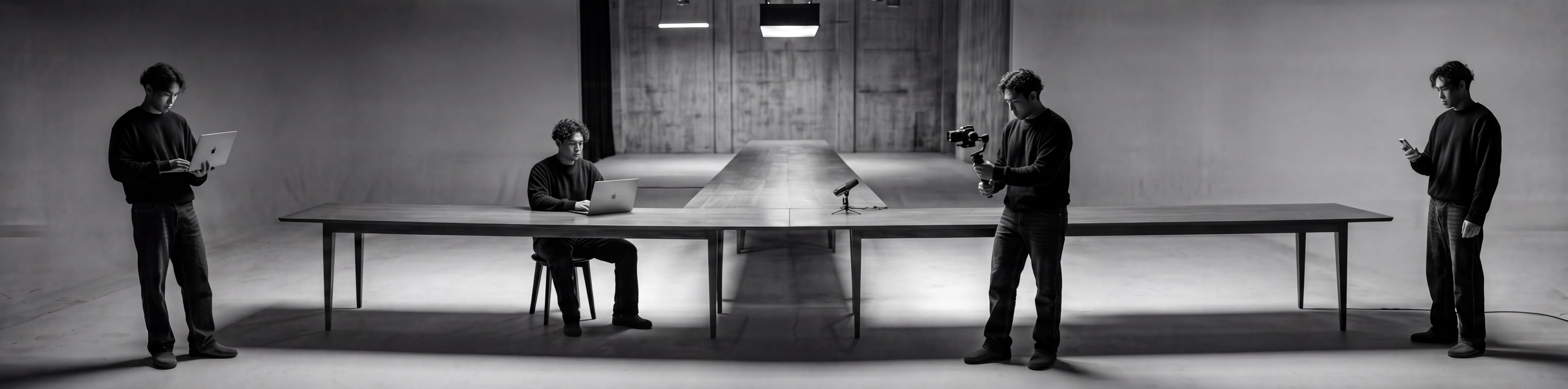 Four versions of Travis in a clean architectural studio: with laptops, a phone and a camera